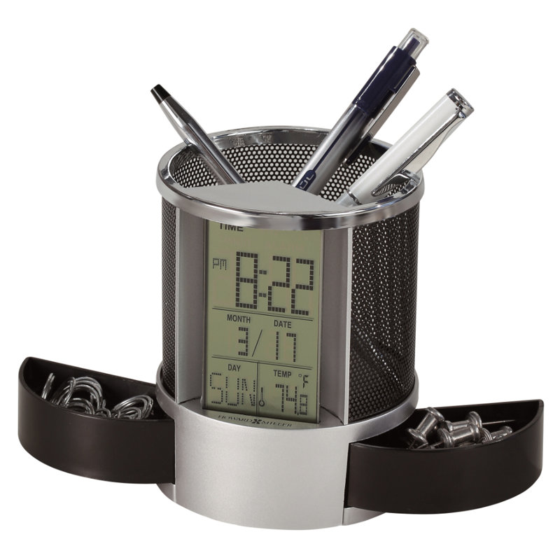 Horloge de table numérique moderne et contemporaine avec porte-crayons et compartiments de rangement, affichage LCD de la météo et de l'heure