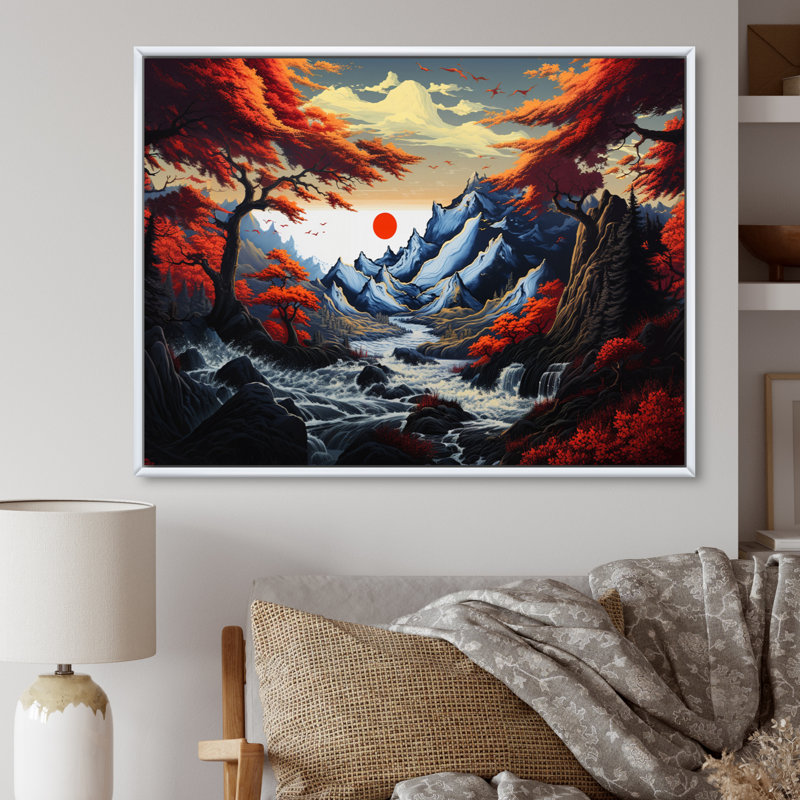Charmant paysage asiatique sur toile, H 34 po x l 44 po, Cadre flottant blanc