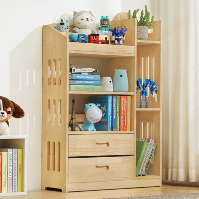46.5"H x 33.1"W x 11"D Multilevel Solid Wood Bookcase Storage Open Bookshelf with Divider and Drawers