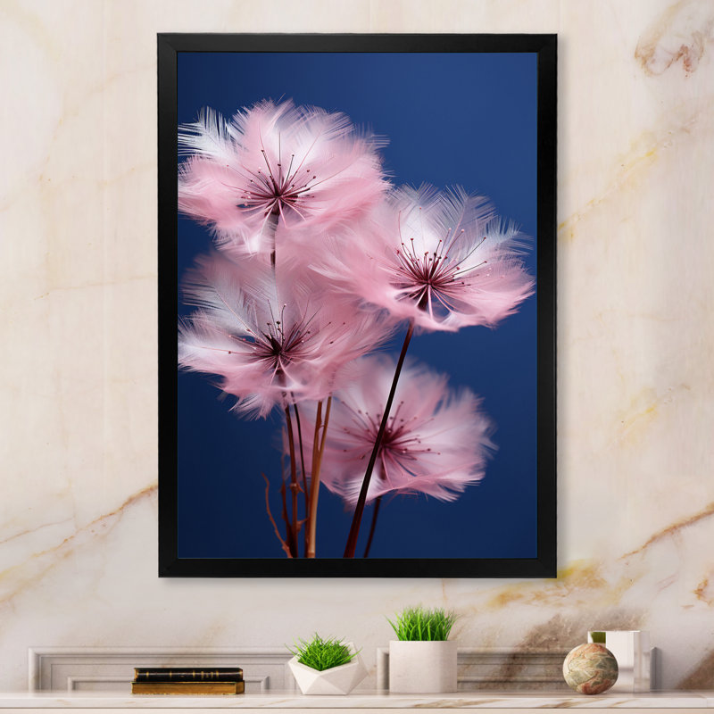 «Delicate Pink Dandelian Flowers On Blue Sky», reproduction sur toile, Cadre simple noir, H 44 po x l 34 po x P 1,5 po