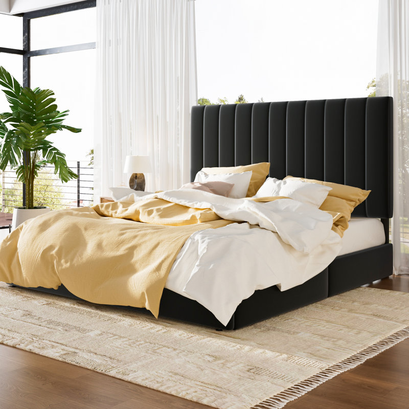 Lit plateforme tapissier avec 4 tiroirs et tête de lit, Black, Grand
