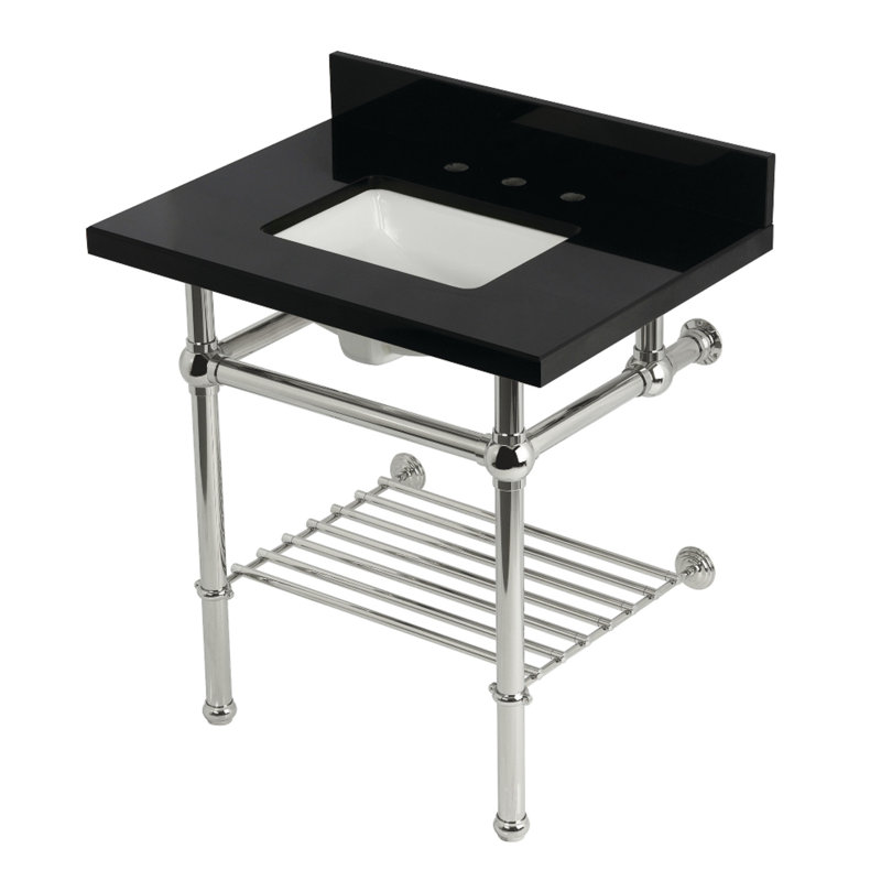 Kingston Brass Templeton 30-Inch Black Granite Console Sink with Brass Legs and Shelf (8-Inch, 3-Hole)