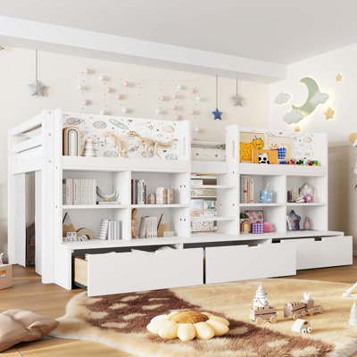 Kids Low Loft Bed with Multi-Storage Shelves, No Box Spring Needed