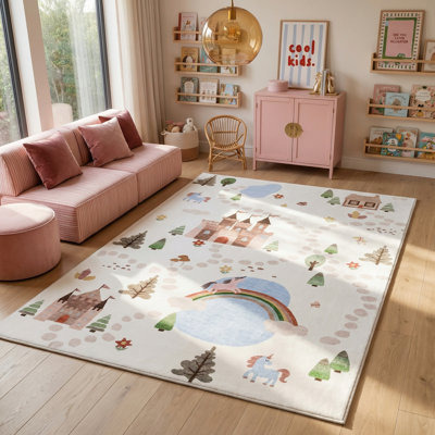 Tapis blanc / bleu 4 pi x 6 pi (3 pi 11 po x 5 pi 10 po) à motif de château de licorne blanc / bleu Branch Branch Everly