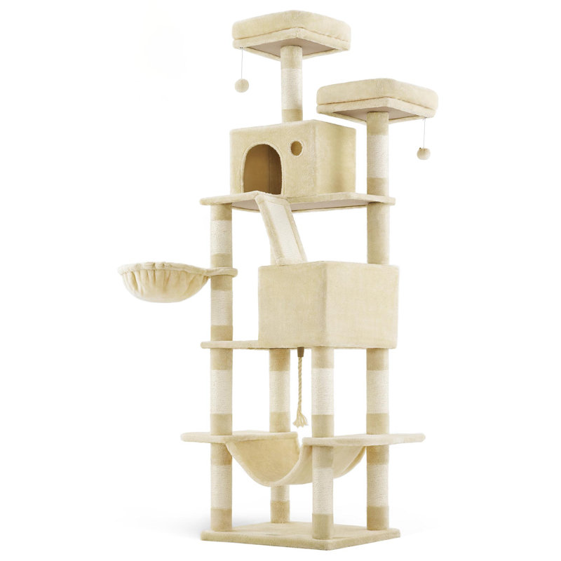 81.1" Cat Tree with 13 Scratching Posts, Multi-Level Plush Cat Condo, Beige