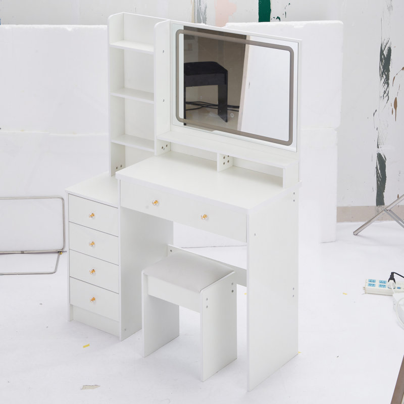41" Large Size Left Bedside Cabinet Vanity Table, Cushioned Stool, Extra Large Touch Control LED Mirror, 3-Colour Switch, Multi Layer High Capacity Storage Fashionable Dresser, Suitable For Large Space