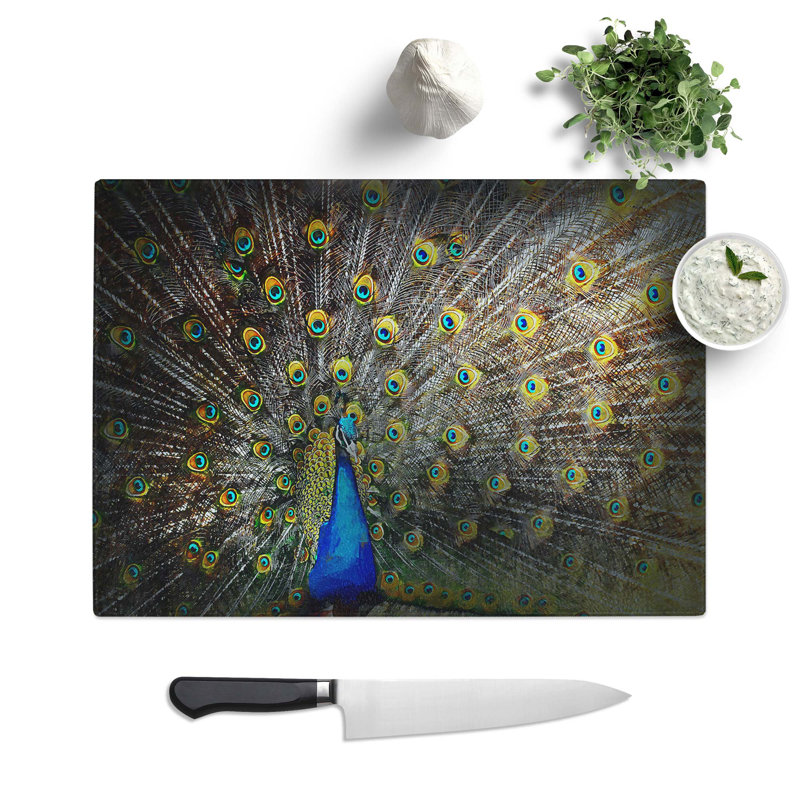 Tempered Glass Peacock with Outstretched Feathers Chopping Board, 39 cm W x 28.5 cm L