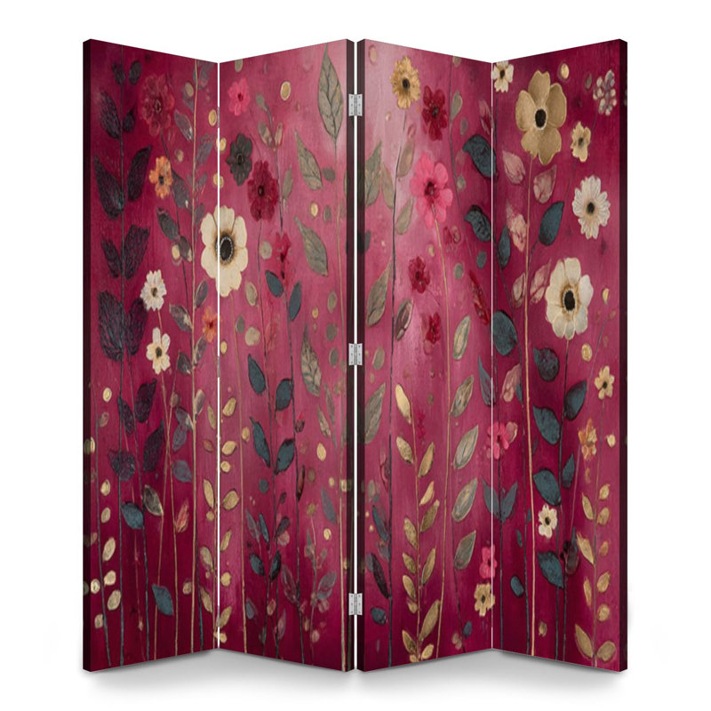 Cloison pliante 4 panneaux paravent à motif floral rouge bordeaux fleur de bohème rétro Toile colorée cloison séparateur de protection autoportant cloison d'intimité