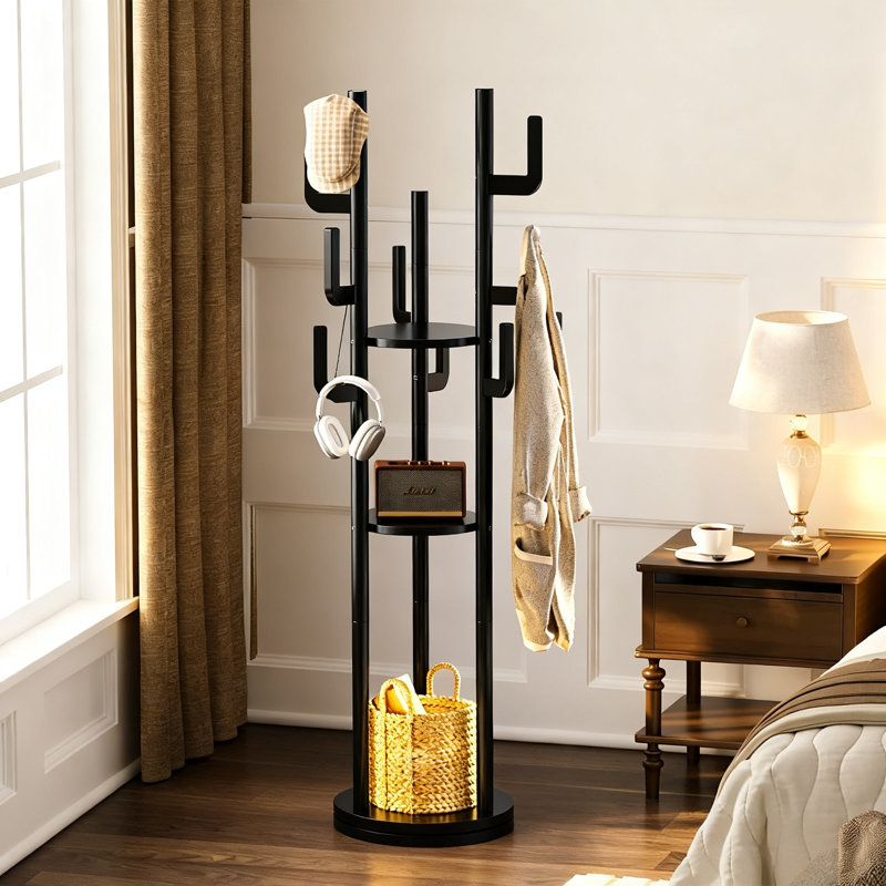 Rotary Coat Rack Freestanding, Coat Tree with 9 hooks & 3 Storage Shelves for Purse, Bag, Jacket, Hat, Corner Hanger Stand Racks for Hall, Entryway, Office, Clothes Holder, (Black)