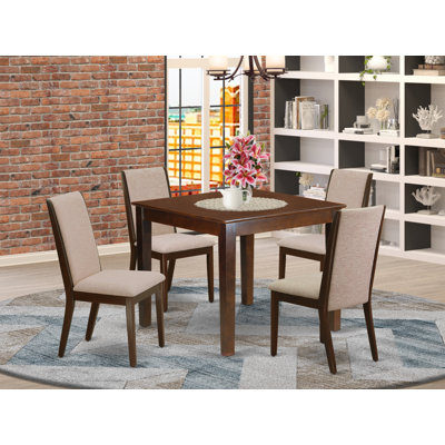 5 Piece Dinette Set for 4 Includes a Square Dining Room Table and 4 Light Tan Linen Fabric Upholstered Parson Chairs, Mahogany