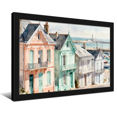 Scénario et paysages urbains de maisons colorées au bord de la mer, style aquarelle