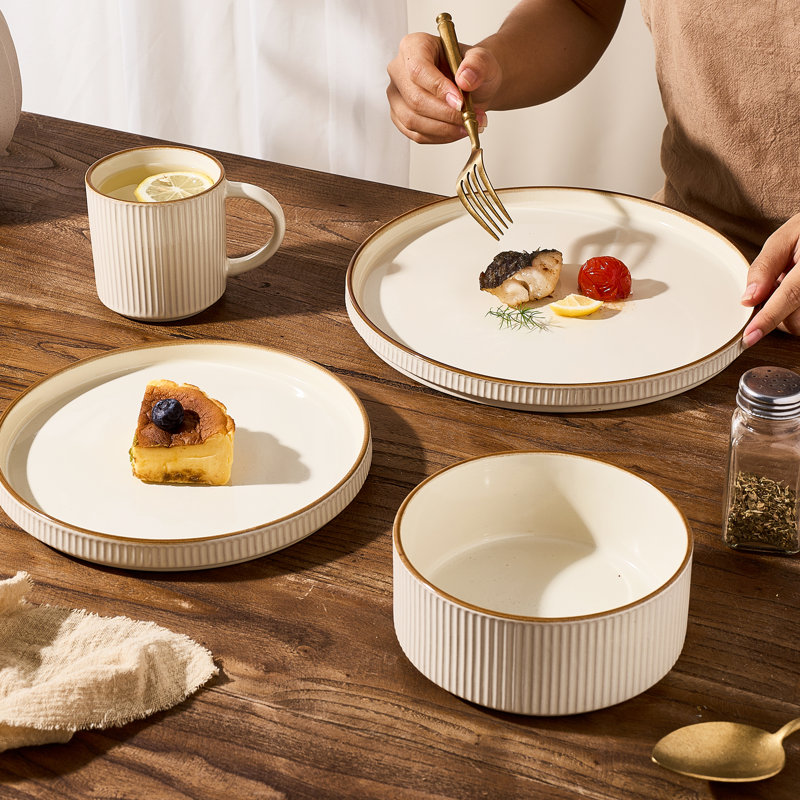 Azal Stoneware Dinnerware Sets, 16 Piece Dish Set, Vanilla White
