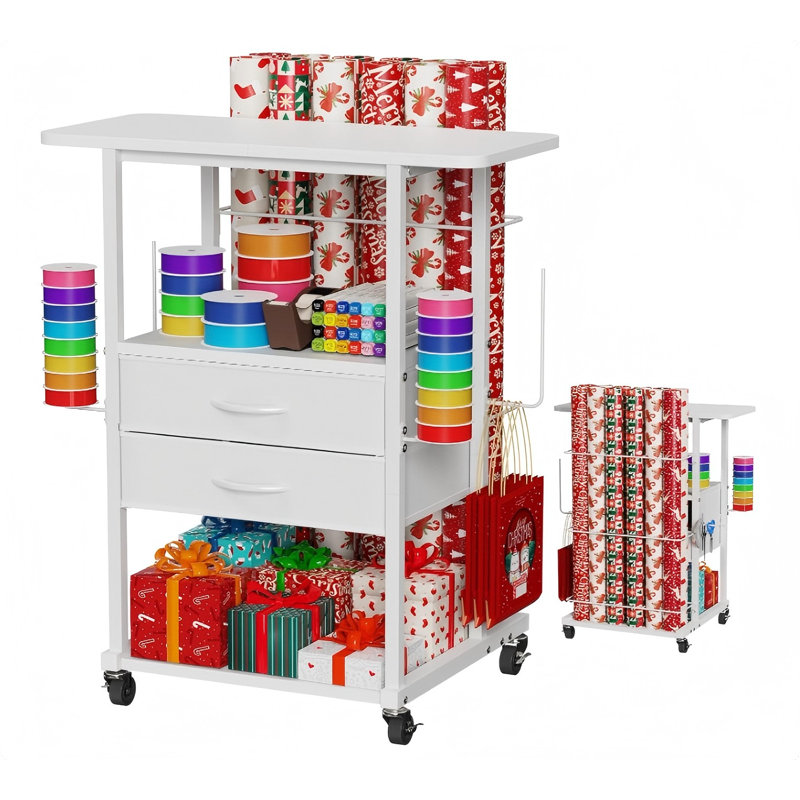 Wrapping Paper Storage Cart With 12 Rolls Wrapping Paper Organizer Holder, Rolling Craft Cart With 2 Fabric Drawer, Gift Wrapping Station With 4 Hooks Storage Ribbons And Gift Bags, Spave Saving