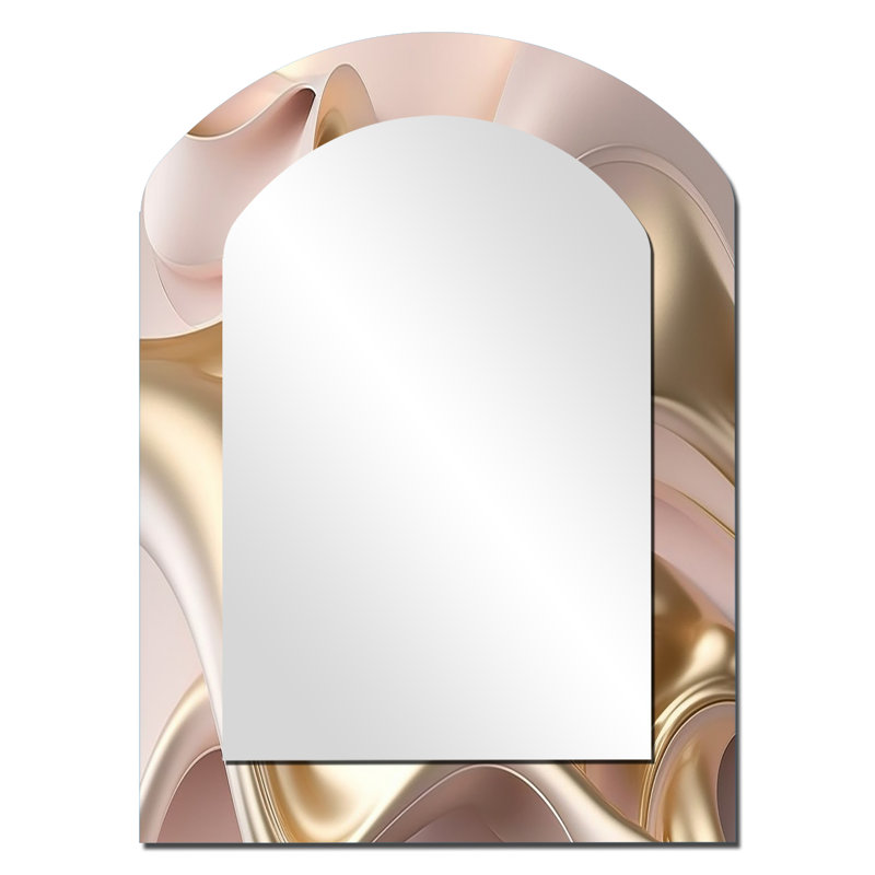 Subtle Sophistication In Exquisite Pink & Gold VI - Liquid Ink Arch Wall Mirror, Pink Asymmetrical Decorative Mirror, Printed Metal Art