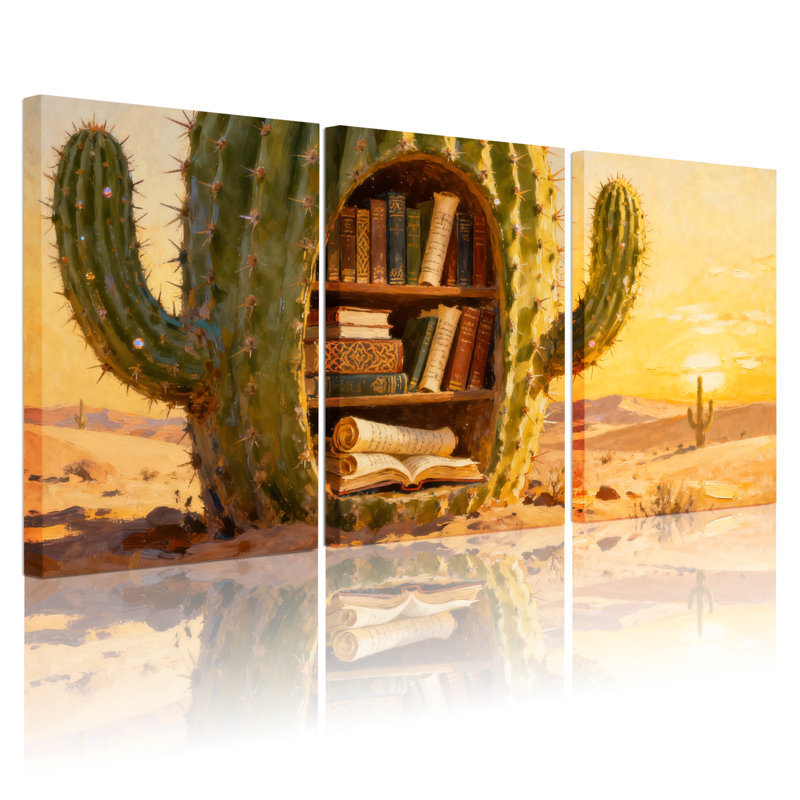 Cactus, cactus, bibliothèque, paysage désertique, coucher de soleil, reproduction d'art, ensemble de 3 impressions sur toile