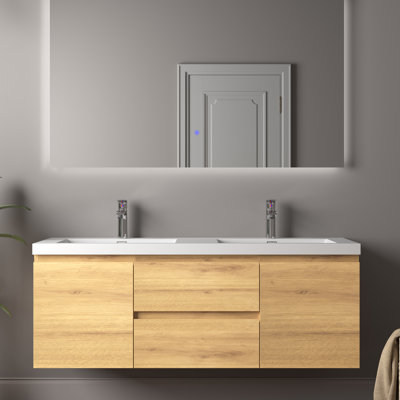 60" Double A.Oak Bathroom Vanity Wall-mounted Floating vanities with Gloss White Resin Stone Top,2 Drawers 2 Door Modern