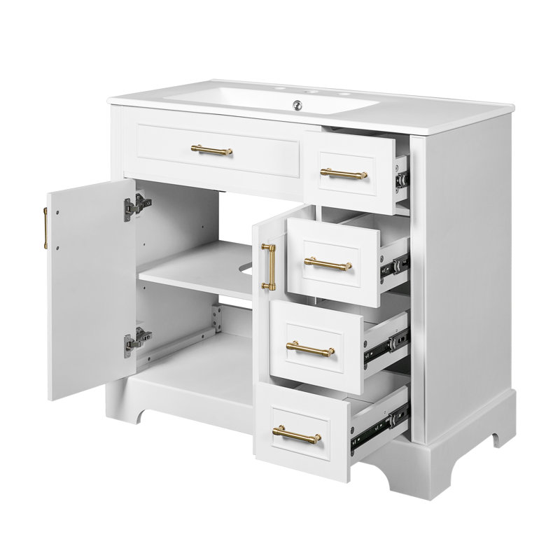 Meuble-lavabo de luxe 36 po avec lavabo en céramique, portes à fermeture douce, 4 tiroirs à fermeture douce et durable, 1 tablette réglable, structure moderne en bois massif