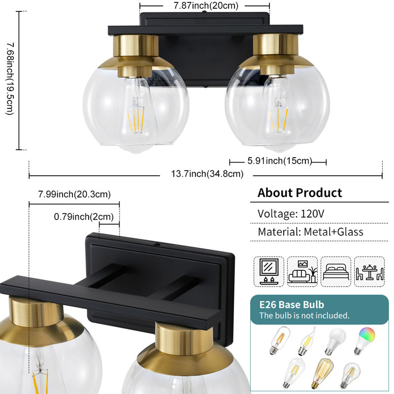 Geneva Dimmable Bathroom Vanity Light Fixtures, Matte Black/Gold, 2