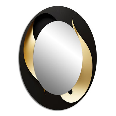 Golden Droplets On Black - Abstract Oval Decorative Mirror On Metal