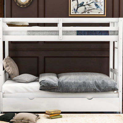 White Twin Over Pull - Out Bunk Bed, Trundle Feature, Space Saving, Full Length Guardrails, Pine Wood Constitution Bed With Trundle, Accommodates 4, Assembly Guide For Newbies