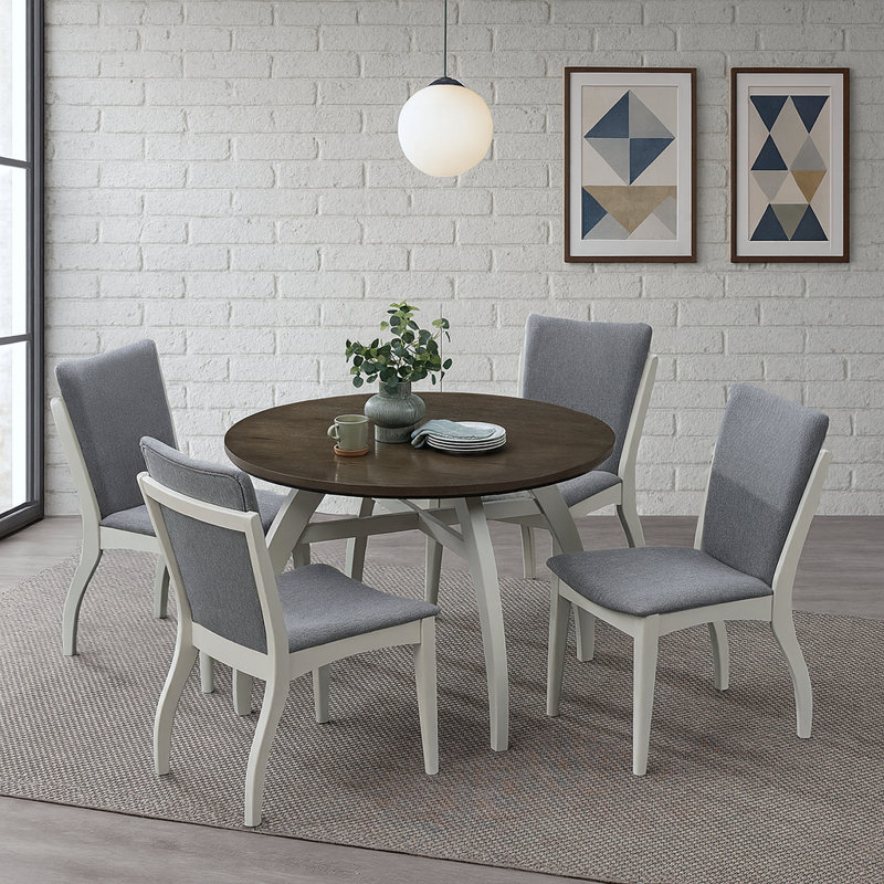 Ensemble de salle à manger 5 pièces avec table ronde en bois d'hévéa et 4 chaises à dossier haut Badgery