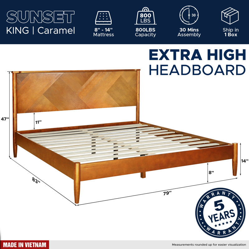 Kalleen Solid Wood Bed Frame with Artistic Patterned Headboard, Caramel, King
