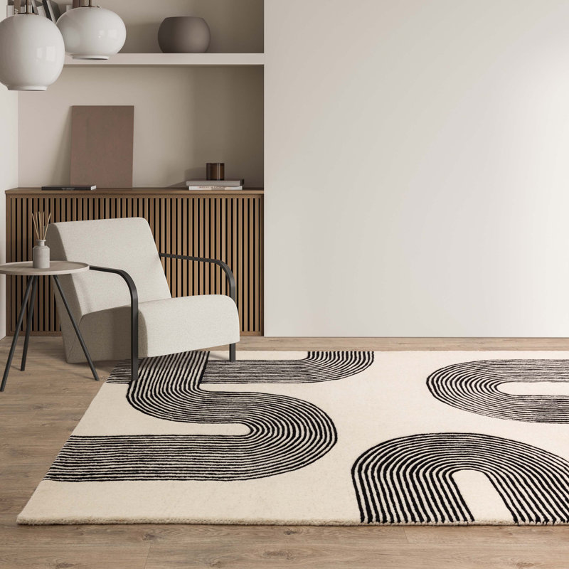Brinlie Wool Hand Woven Cream/Black Area Rug, Rectangle 200 x 300cm
