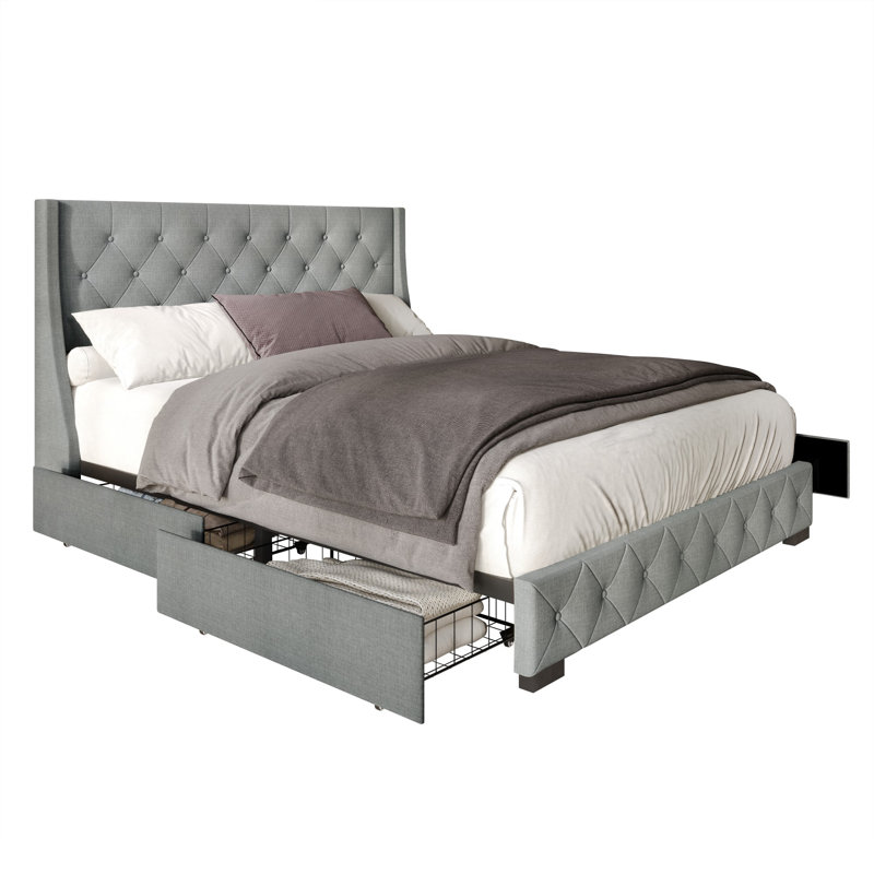 Tasir Upholstered Wingback Storage Bed, Queen, Light Gray