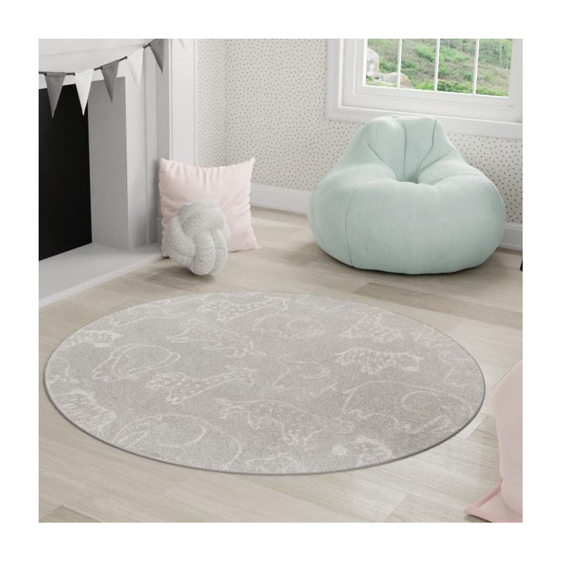 Whimsy Safari Animals Kid Rug, Round 5'3", Gray/Ivory