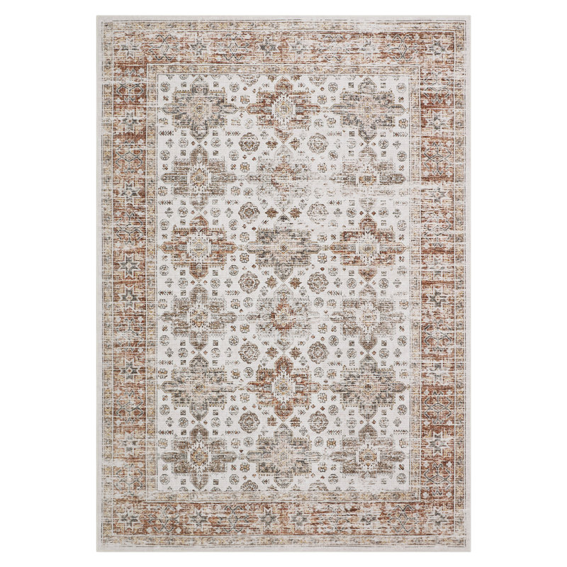 Oriental Machine Washable Rug with Non-Slip Backing Medallion Low Pile Floor Cover for Living Room Bedroom Dining Room