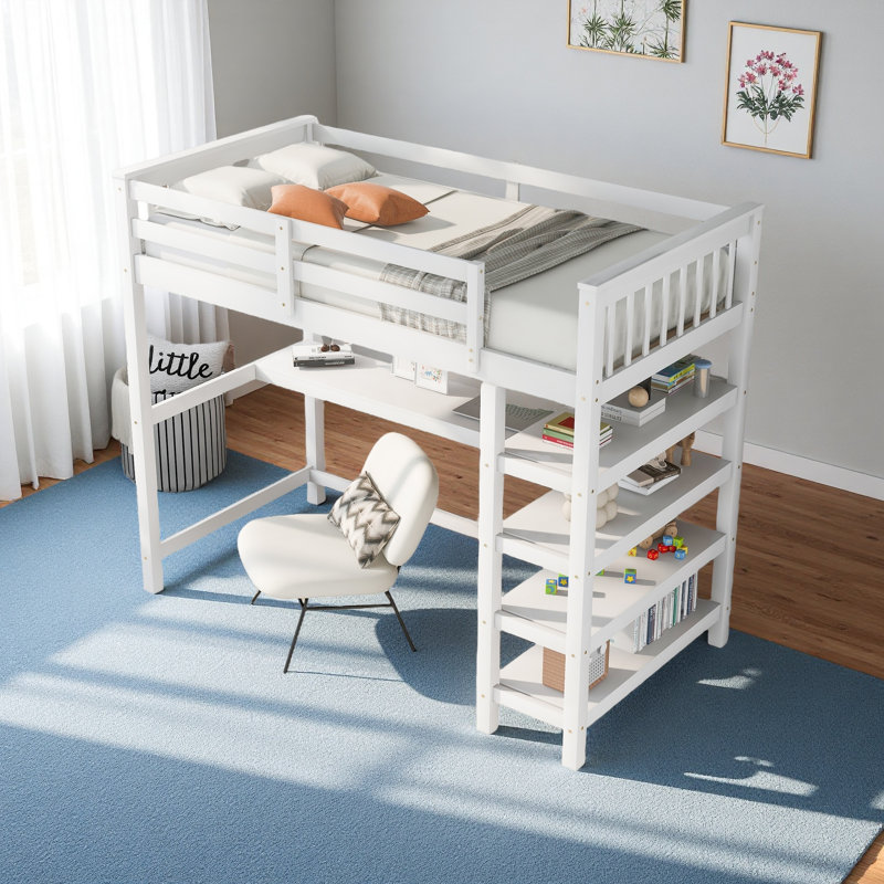 Lit mezzanine avec tablettes de rangement et bureau sous le lit, Lit simple, Blanc
