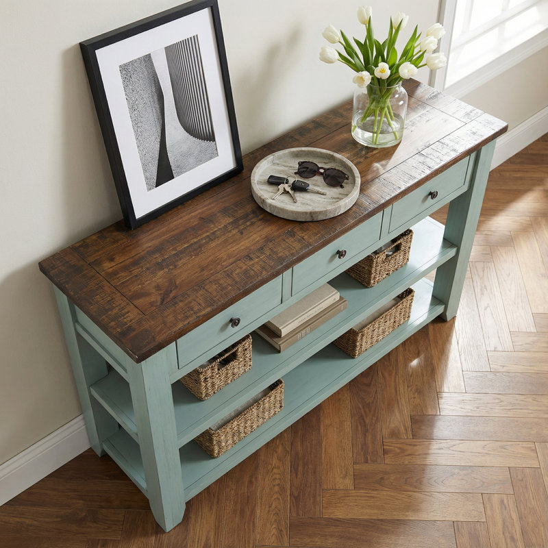 Console en bois massif avec 3 tiroirs et 2 tablettes