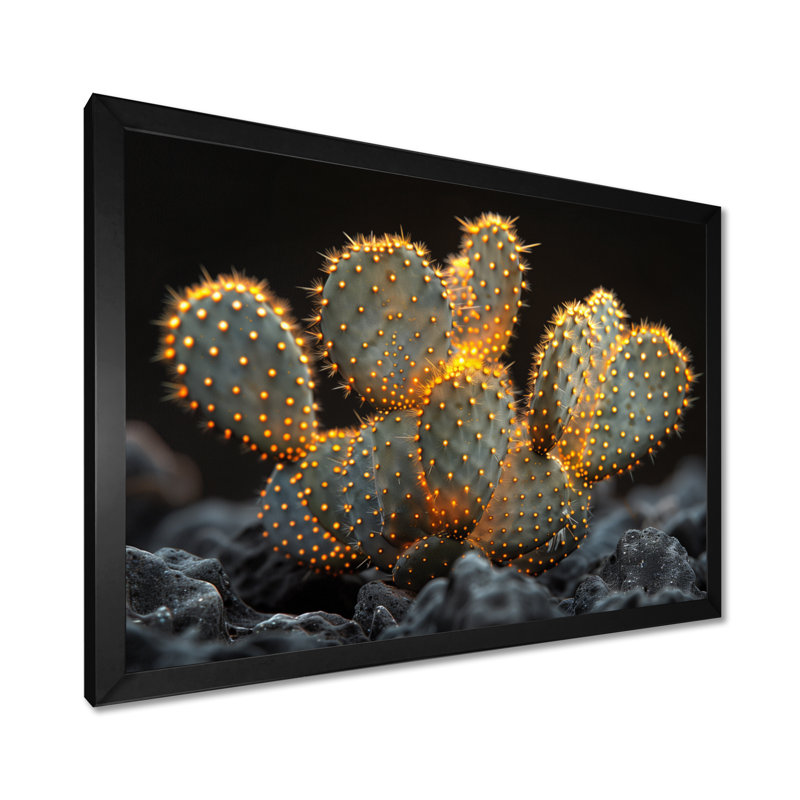 Cactus jaune, jaune, noir, coucher de soleil, H 12 po x l 20 po x P 1 po, Toile encadrée noire simple