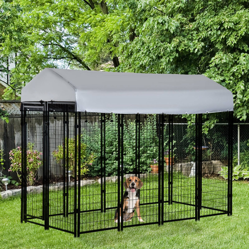 Enceinte d'extérieur pour chien 8 'x 4' 6 '- Porte verrouillable, auvent pour eau, pour cage de chien moyen / grand verrouillable, taille d'eau