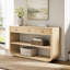 Console moderne courbée avec 3 tiroirs à fermeture en douceur et 2 tablettes ouvertes, base en bois massif, table de vestibule pour vestibule de salon, naturel-132663244-132663245-132663240