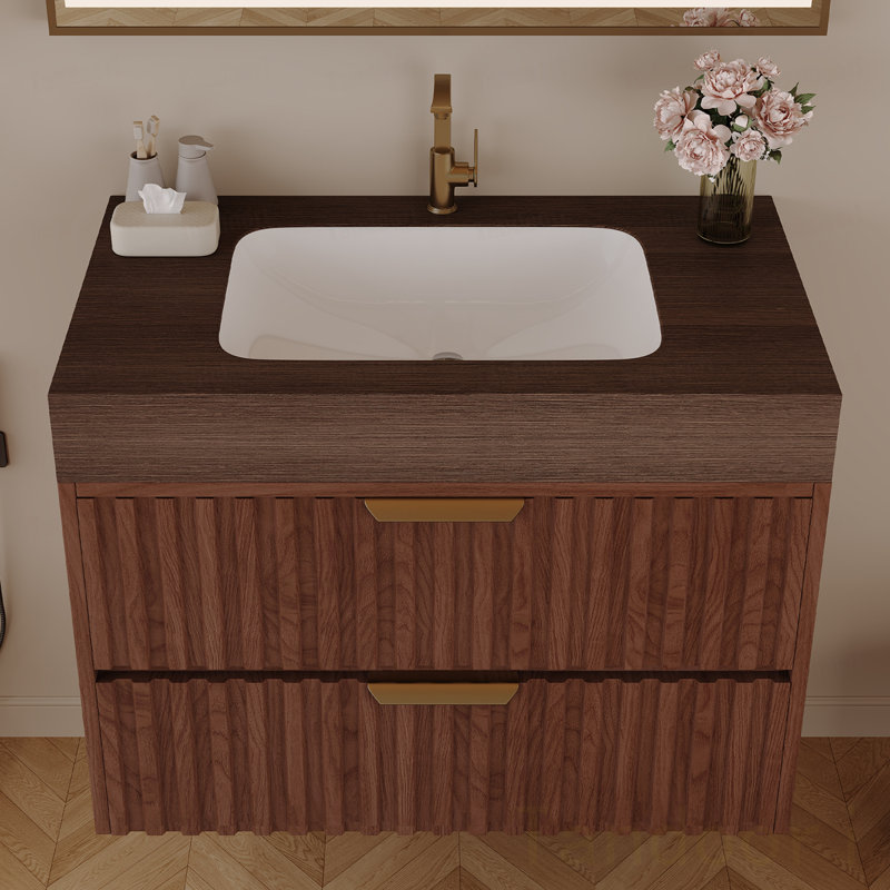 Meuble-lavabo flottant moderne avec plateau en pierre frittée et lavabo en céramique Modern, Dark Brown
