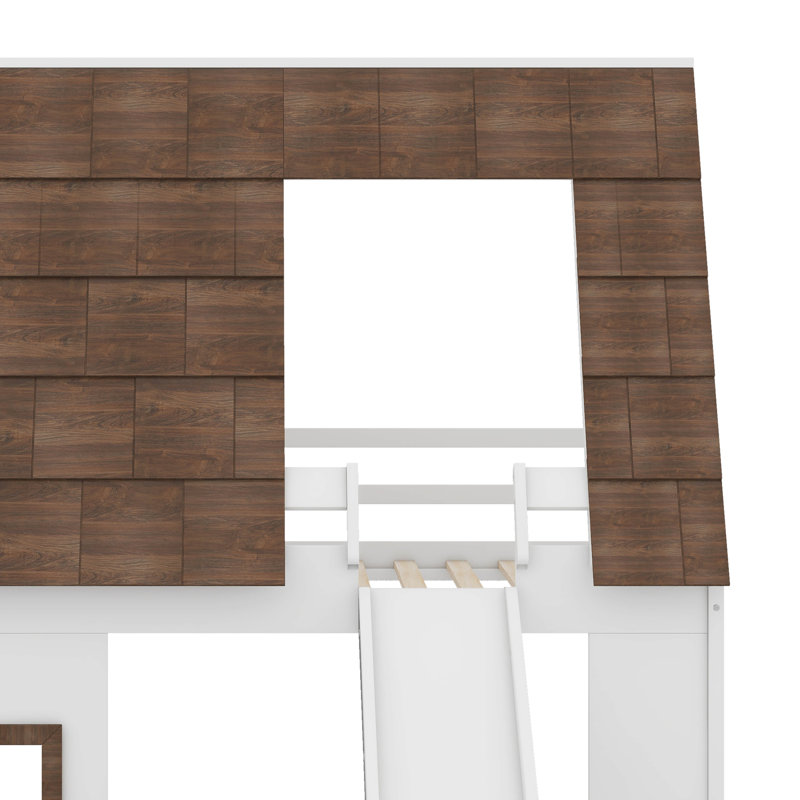 Wood Twin Size House Bunk Bed With Roof, Ladder And Slide