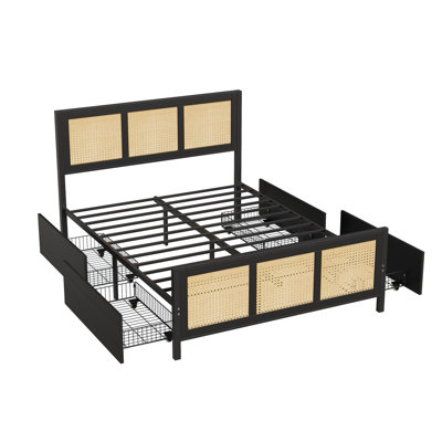 Cadre de lit très grand en rotin Boho, tête de lit à DEL, 4 tiroirs de rangement, lattes en métal, silencieux, aucun sommier tapissier - noir, grand