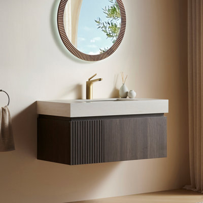Muri 36" Bathroom Vanity&Sink, Floating Plywood Storage Cabinet With Drawer&Door, Roma Travertine Sintered Stone Top&Ceramic Basin With 1 Pre-Drilled Faucet Hole, Pre-Assembled, Espresso Woodgrain