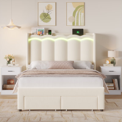 3 Piece Bedroom Set, Velvet Upholstered Bed With LED Lights & Storage Drawers, 2 Nightstands With 1-Drawer