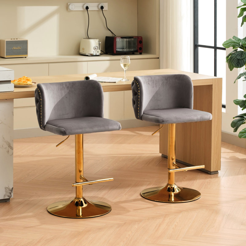 Chaises de bar à hauteur ajustable, velours gris, base plaquée or, rivets martelés à la main, pivotant à 360 ° pour la maison et la cuisine, grand de 2