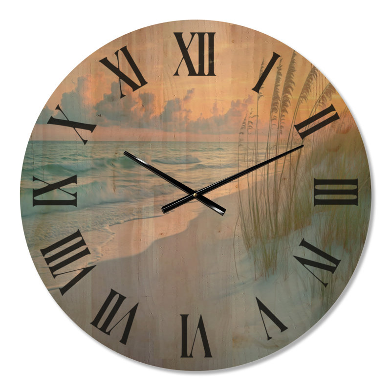 Horloge de plage surdimensionnée - Vue du coucher de soleil côtier en Caroline du Sud, imprimée sur bois, Large