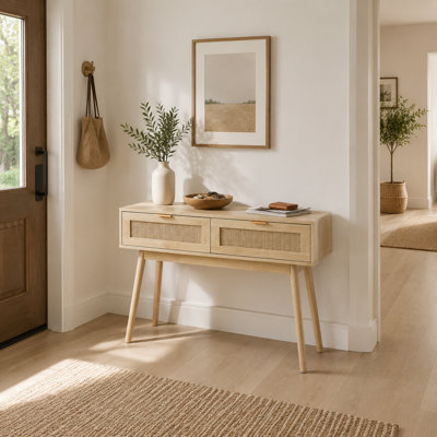 45" L Natural Wood Side Table with 2 Rattan Drawers, Modern Accent Table for Living Room, Bedroom