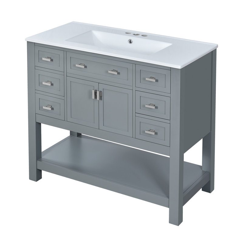 »Meuble-lavabo moderne avec lavabo, portes à fermeture douce, 6 tiroirs, armoire de rangement grise