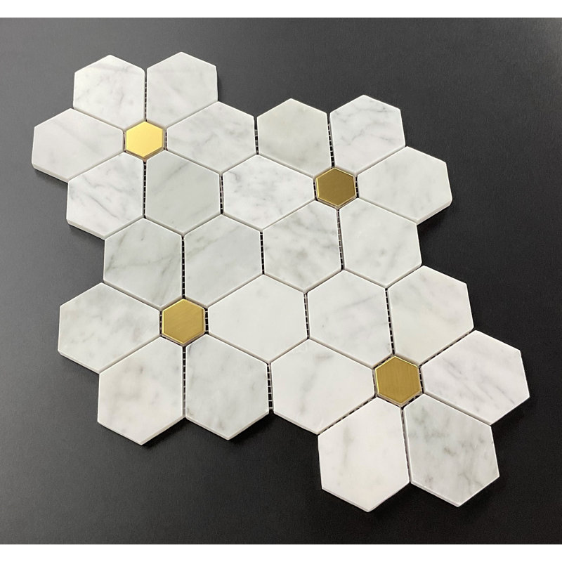 MFL White Cararra with Gold Metal Large Daisy Flowers Pattern Mosaic Wall and Floor Tile