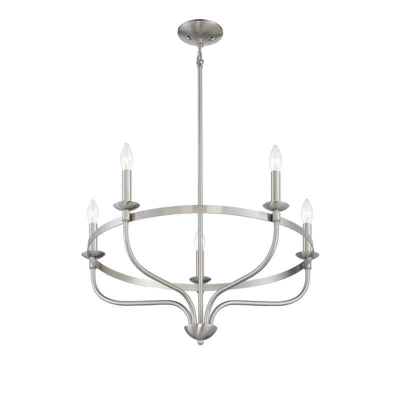 Longacre 5 - Light Candle Style Wagon Wheel Chandelier in Brushed Nickel, Brushed Nickel