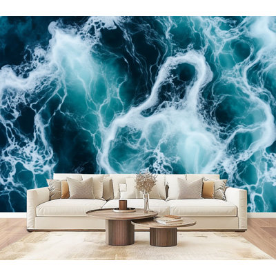 Papier peint adhésif mural moderne avec vagues écume de mer turquoise, écume de mer H 69 po x l 96 po, papier peint adhésif amovible moderne pour chambre à coucher