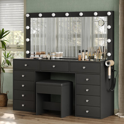 Coiffeuse de maquillage avec miroir et lumières, 3 modes d'éclairage, bureau de coiffeuse avec prise de courant, coiffeuse 11 tiroirs, coiffeuse pliante