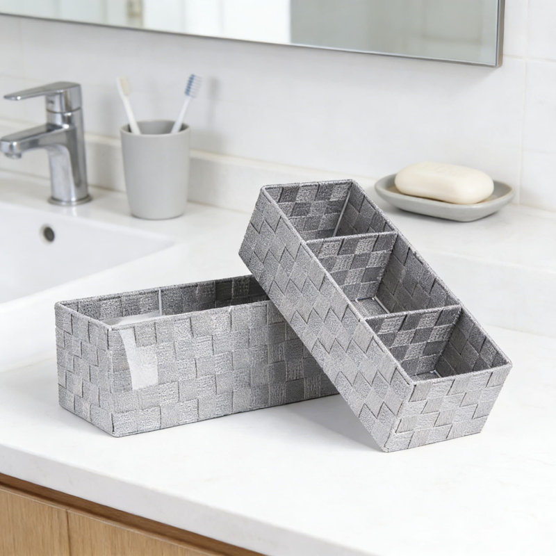 Waterproof Toilet Tank Storage Basket Set Of 2 With Divider, Woven Plastic Bathroom Organizer Bins For Rustic Farmhouse Decor, Space-Saving Over The Toilet Storage Solution