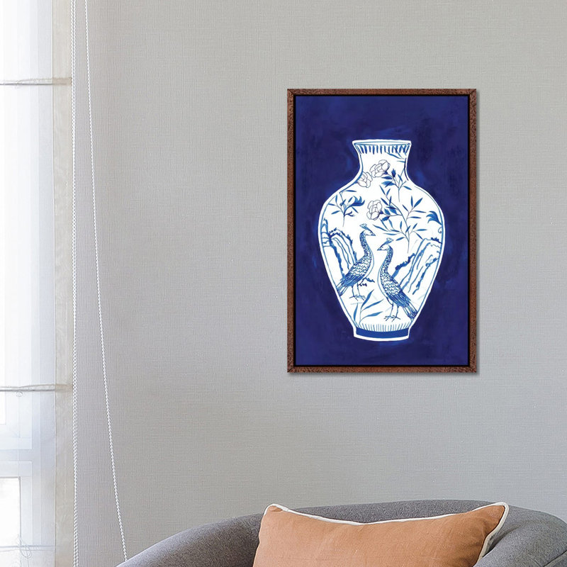 Indigo Porcelain Vase II by Isabelle Z - Print on Canvas, 66.04 cm H x 45.72 cm W, Classic Brown Wood Framed